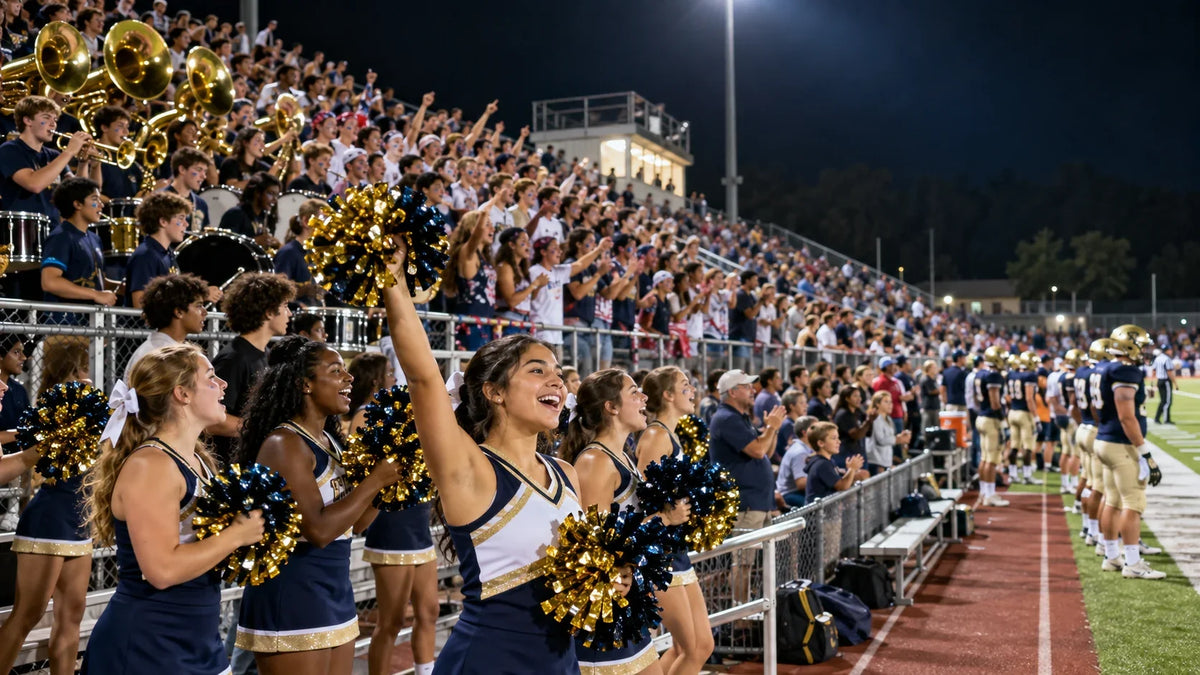 Cheerleaders, band members, students, and families create a lively but unbranded high school game-night atmosphere.