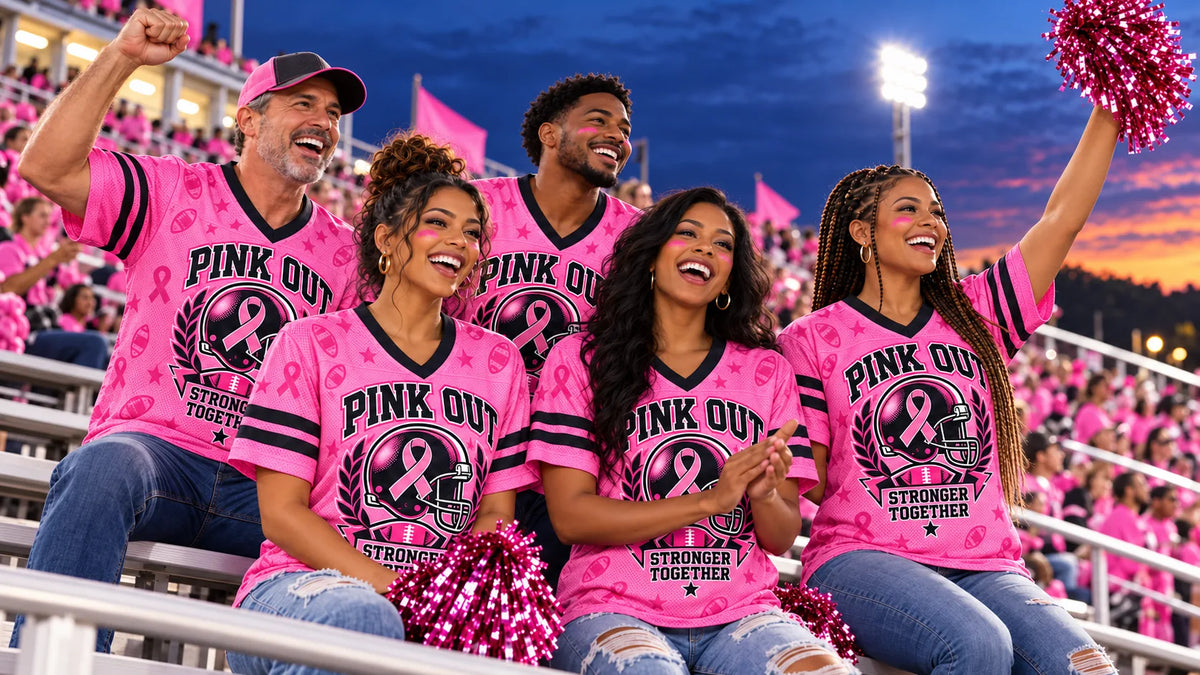 Pink Out supporters in coordinated pink apparel cheering from school football bleachers at dusk.
