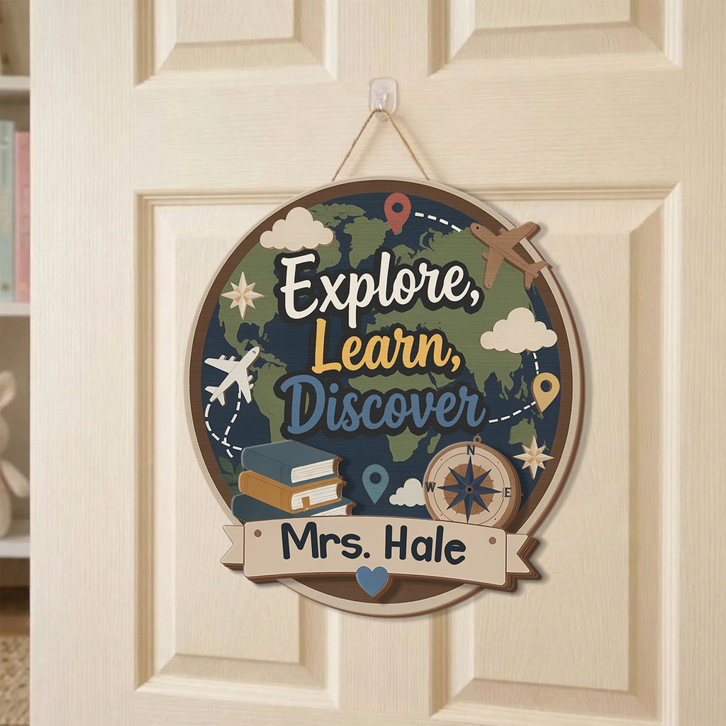 Personalized Teacher Classroom Door Sign, Custom Explore Learn Discover Wooden Sign
