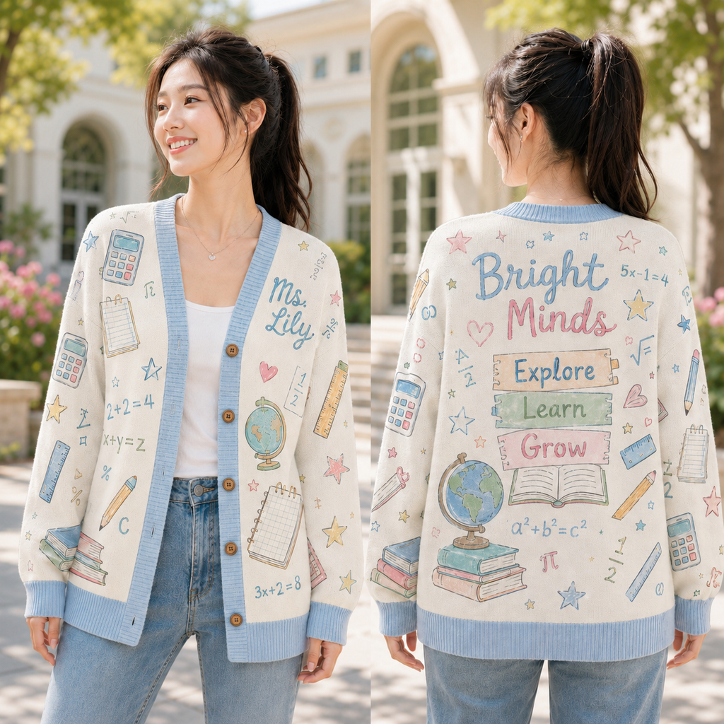 Custom Name Teacher Cardigan, Personalized Math Classroom Knit Sweater – product image 1
