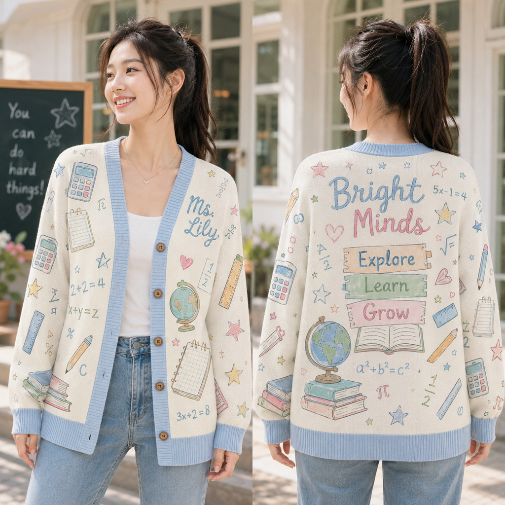 Custom Name Teacher Cardigan, Personalized Math Classroom Knit Sweater – product image 2