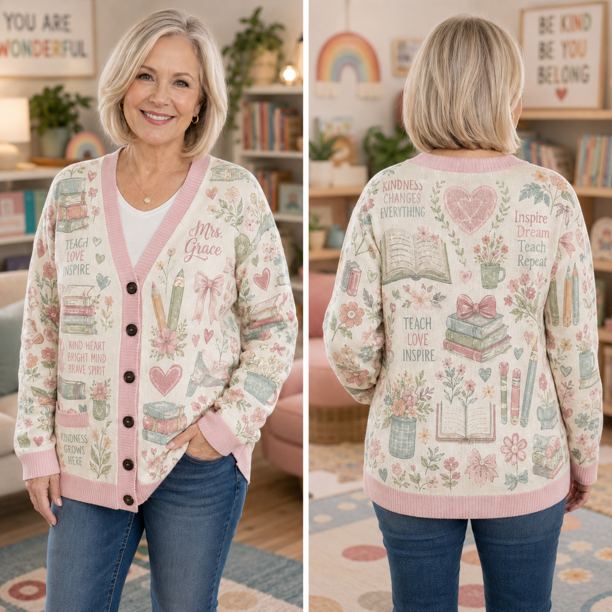 Custom Name Teacher Cardigan, Personalized Kindness Classroom Sweater – product image 2