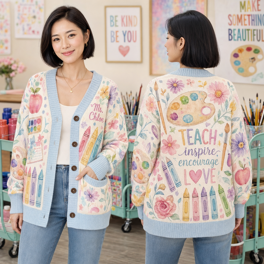 Custom Art Teacher Appreciation Cardigan, Cute Teacher Sweater – product image 2