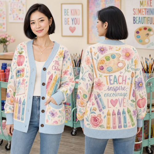 Custom Art Teacher Appreciation Cardigan, Cute Teacher Sweater – product image 2