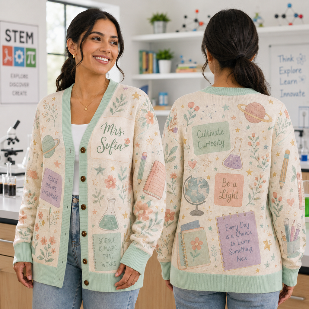 Personalized Science Teacher Cardigan, Thoughtful STEM Educator Gift Sweater – product image 1
