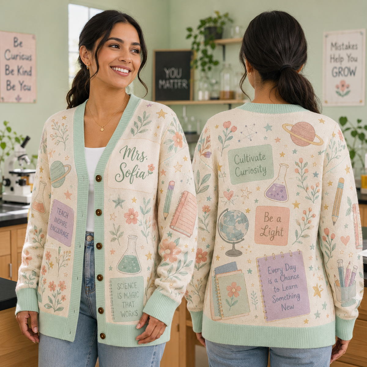 Personalized Science Teacher Cardigan, Thoughtful STEM Educator Gift Sweater – product image 2