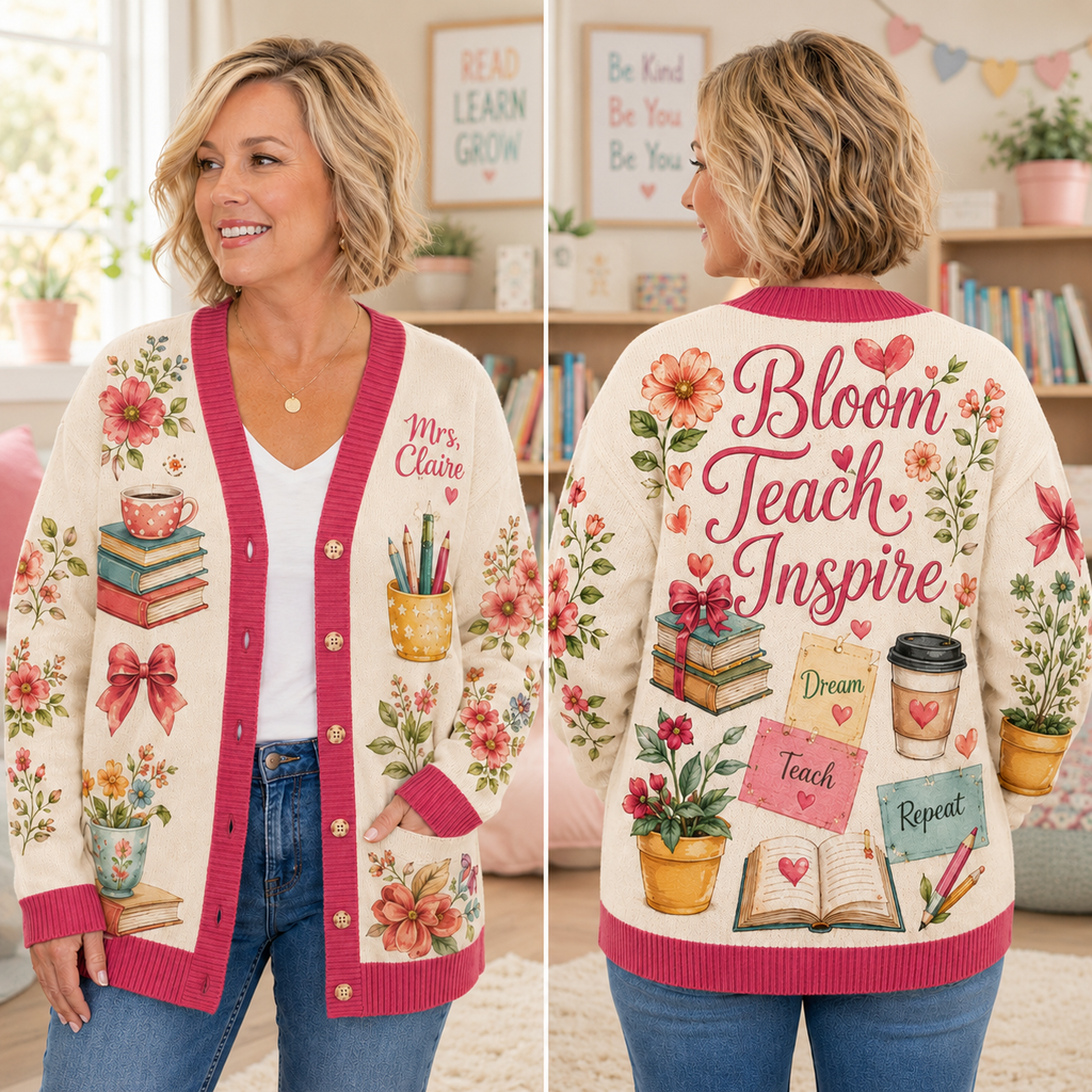 Custom Name Teacher Cardigan, Personalized Floral Classroom Knit Sweater – product image 2
