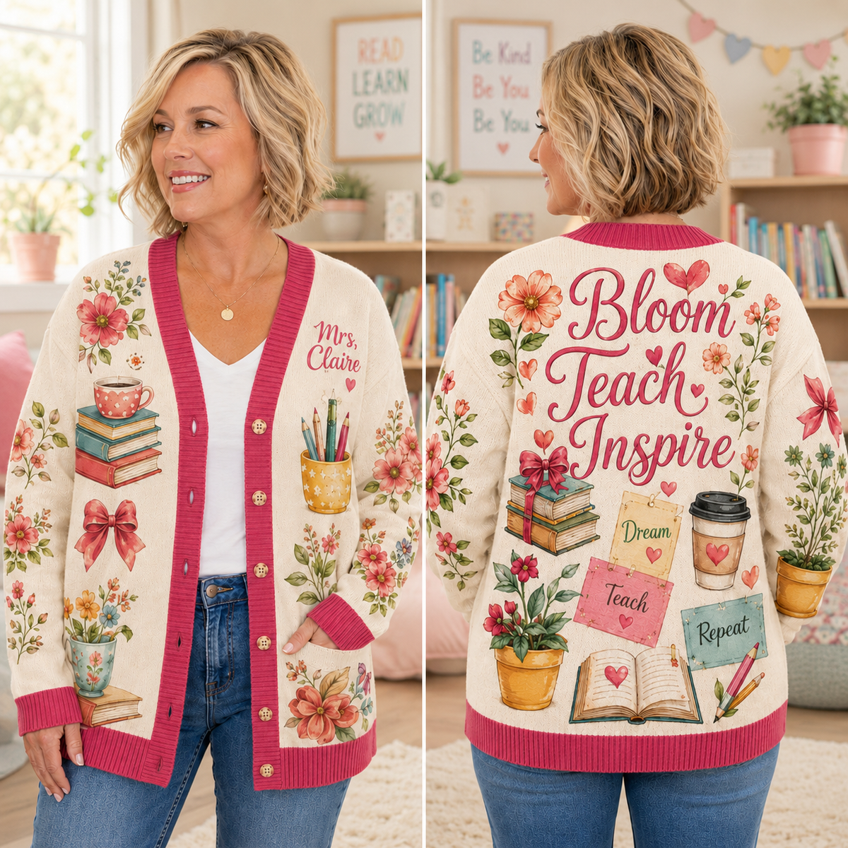 Custom Name Teacher Cardigan, Personalized Floral Classroom Knit Sweater – product image 2