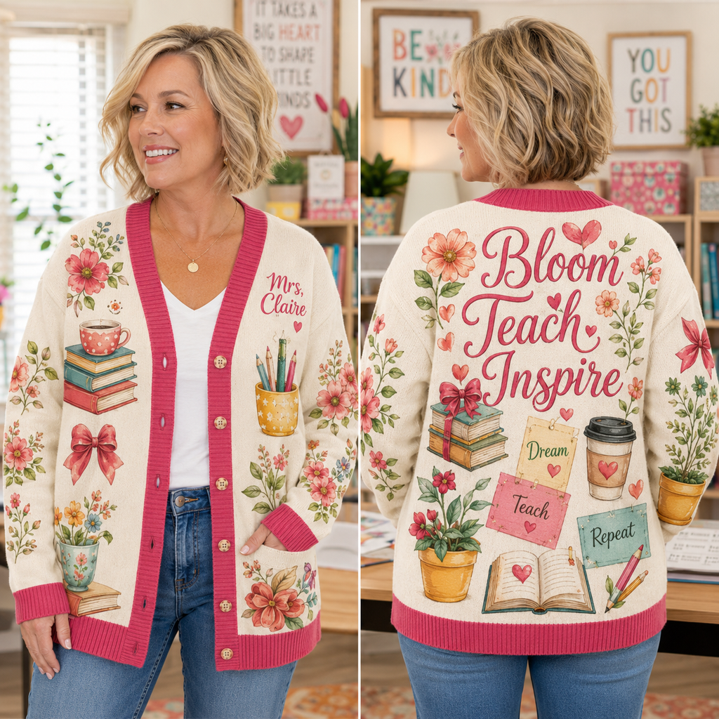 Custom Name Teacher Cardigan, Personalized Floral Classroom Knit Sweater – product image 1