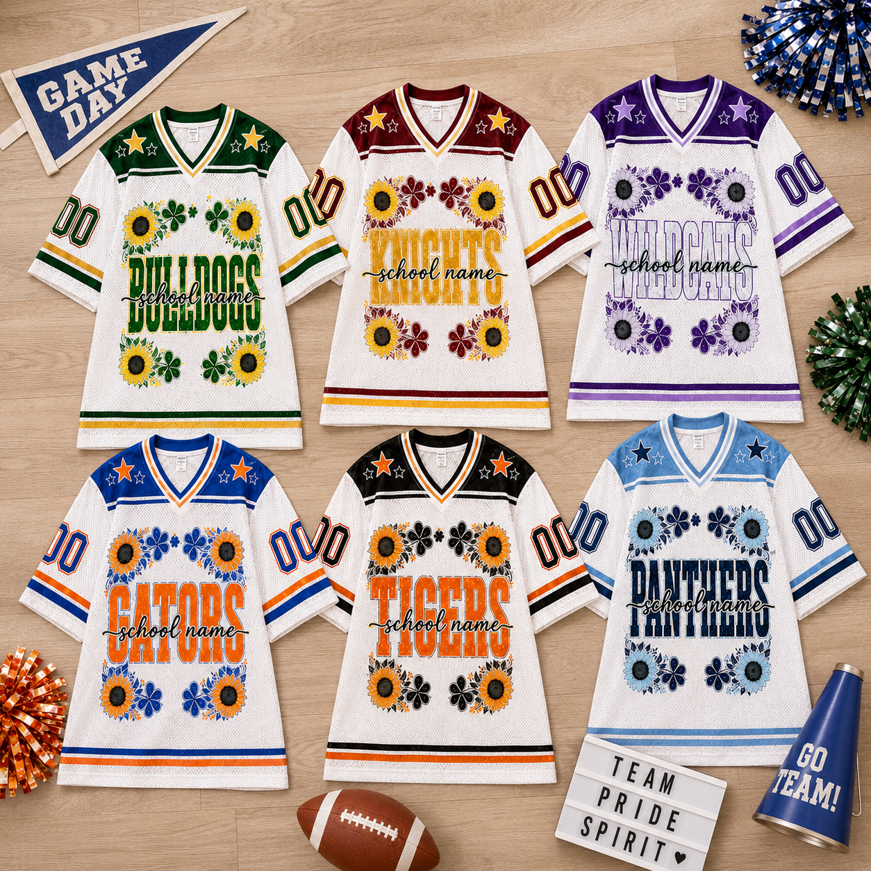 Personalized Floral Football Jersey, Custom School Spirit Mascot Jersey