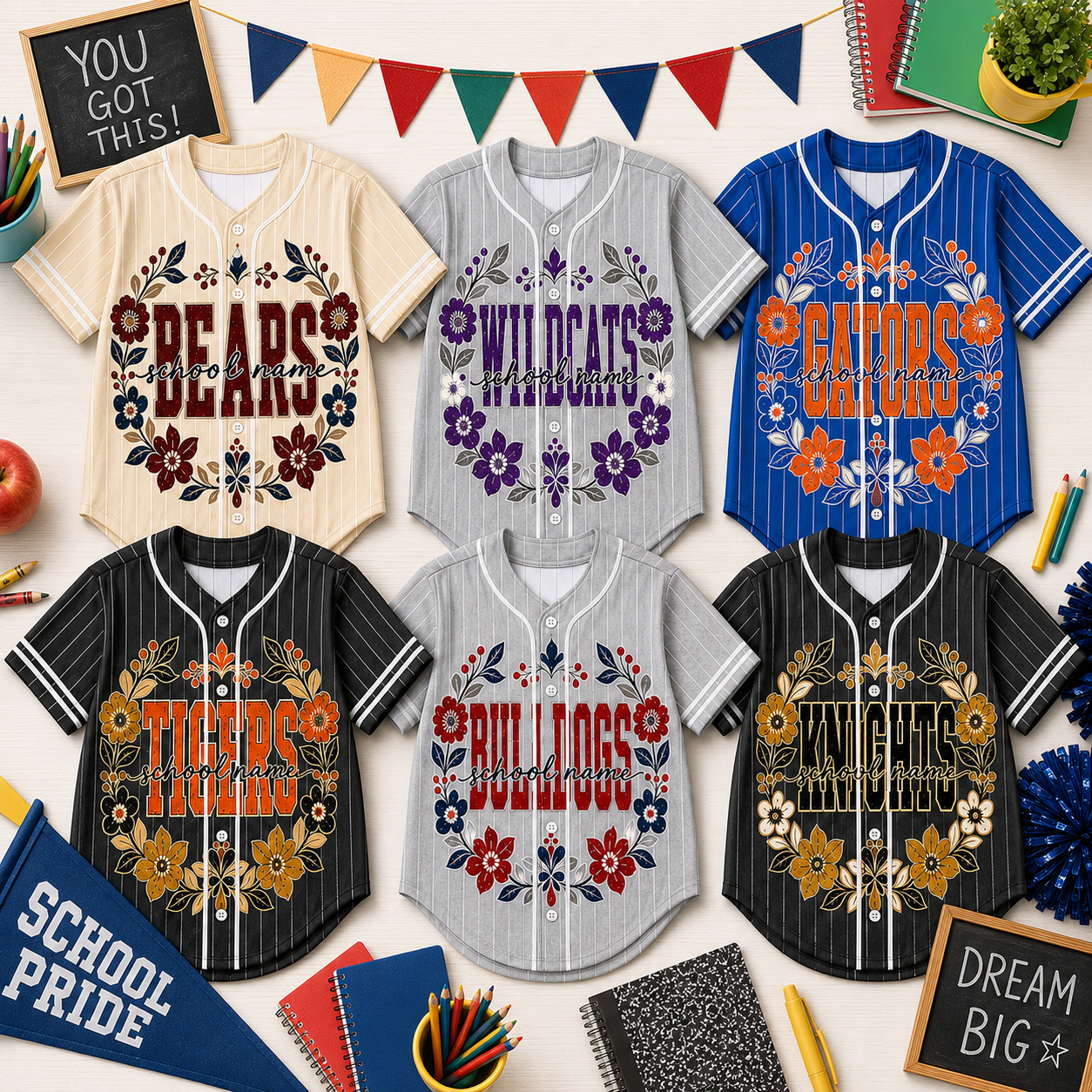 Personalized Floral Baseball Jersey, Custom School Spirit Team Shirt