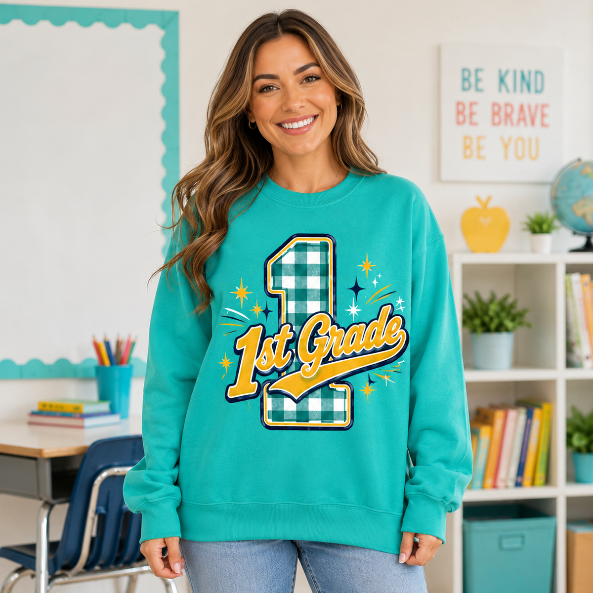 Custom Plaid School Grade Sweatshirt, Personalized Teacher Crewneck – product image 1