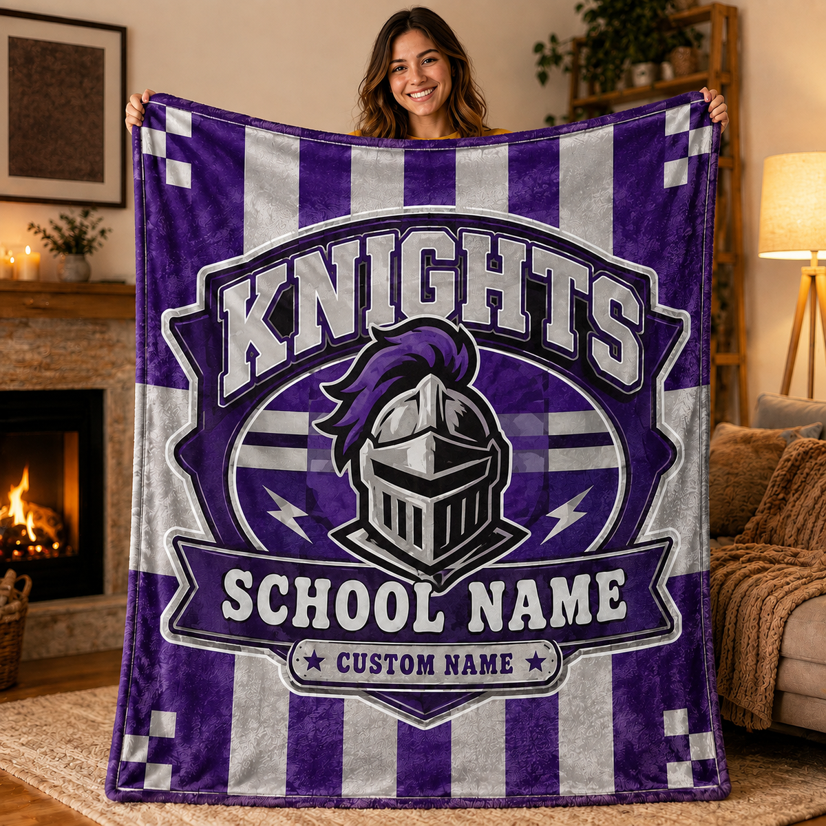Personalized Mascot Striped Blanket, Custom School Spirit Fan Gift