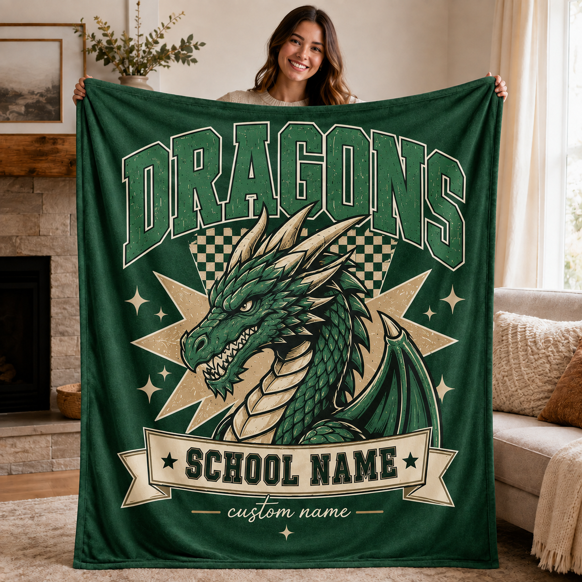 Personalized Mascot Banner Throw Blanket, Custom Campus Pride Fan Gift
