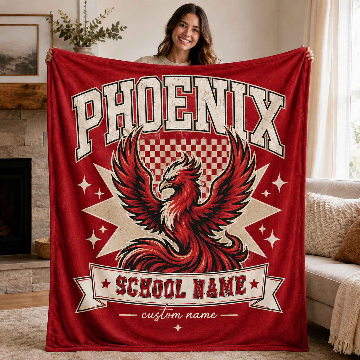 Personalized Mascot Banner Throw Blanket, Custom Campus Pride Fan Gift