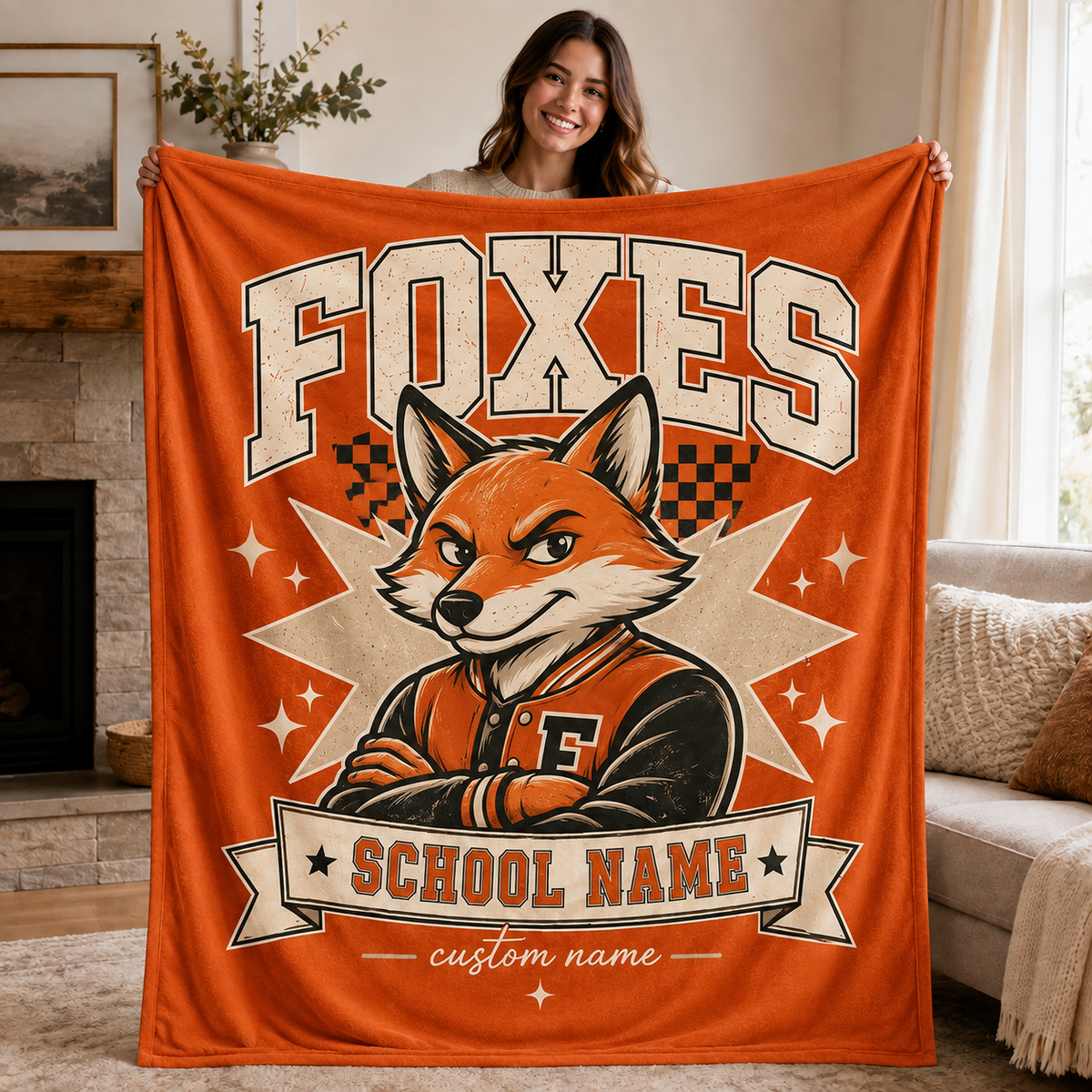 Personalized Mascot Banner Throw Blanket, Custom Campus Pride Fan Gift