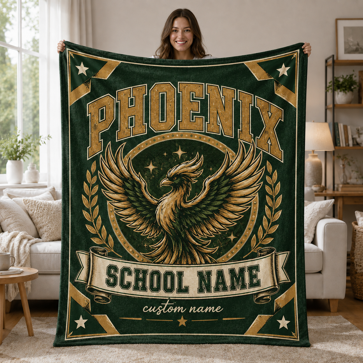 Personalized Mascot Laurel Wreath Blanket, Custom Campus Pride Fan Gift
