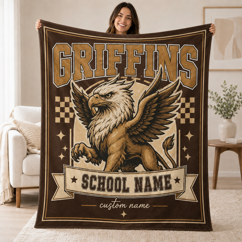 Personalized Checkered Mascot Throw Blanket, Custom Campus Pride Fan Gift
