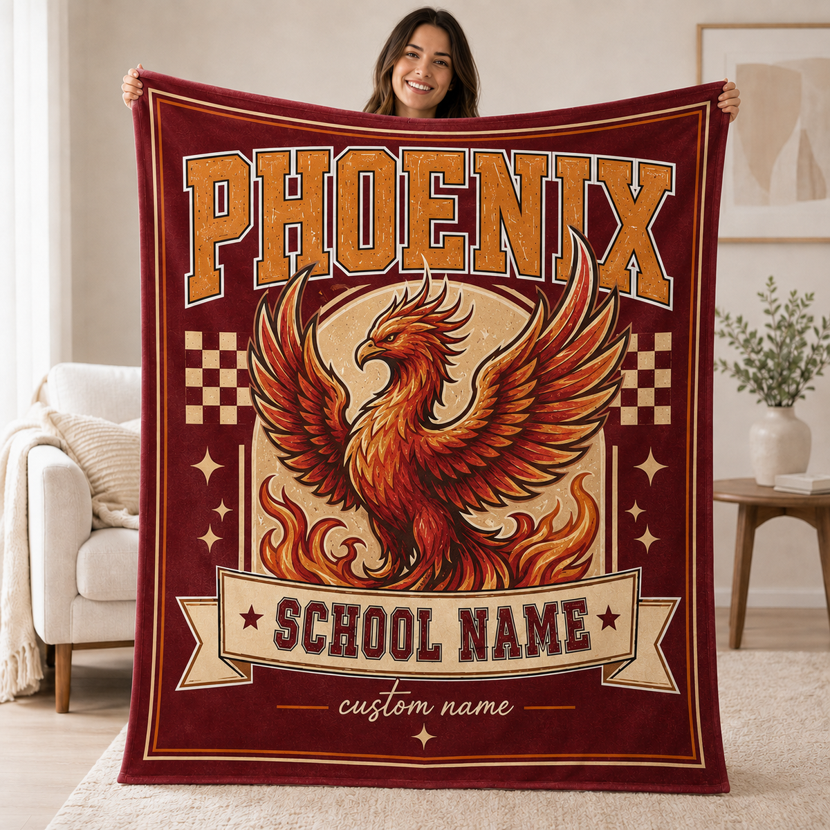 Personalized Checkered Mascot Throw Blanket, Custom Campus Pride Fan Gift