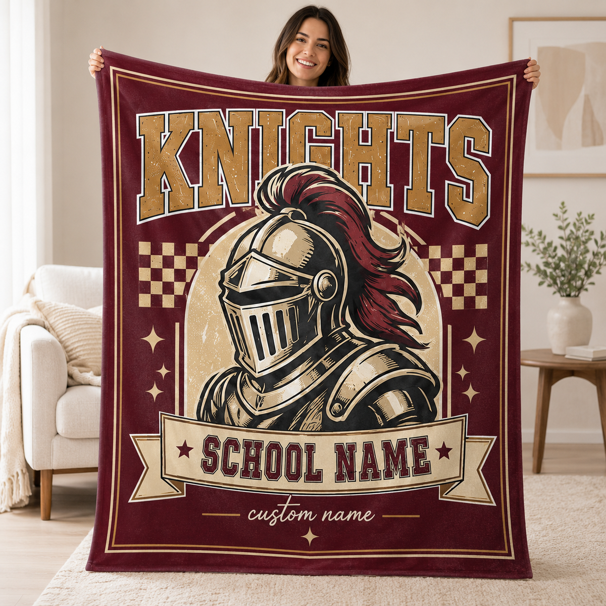 Personalized Checkered Mascot Throw Blanket, Custom Campus Pride Fan Gift
