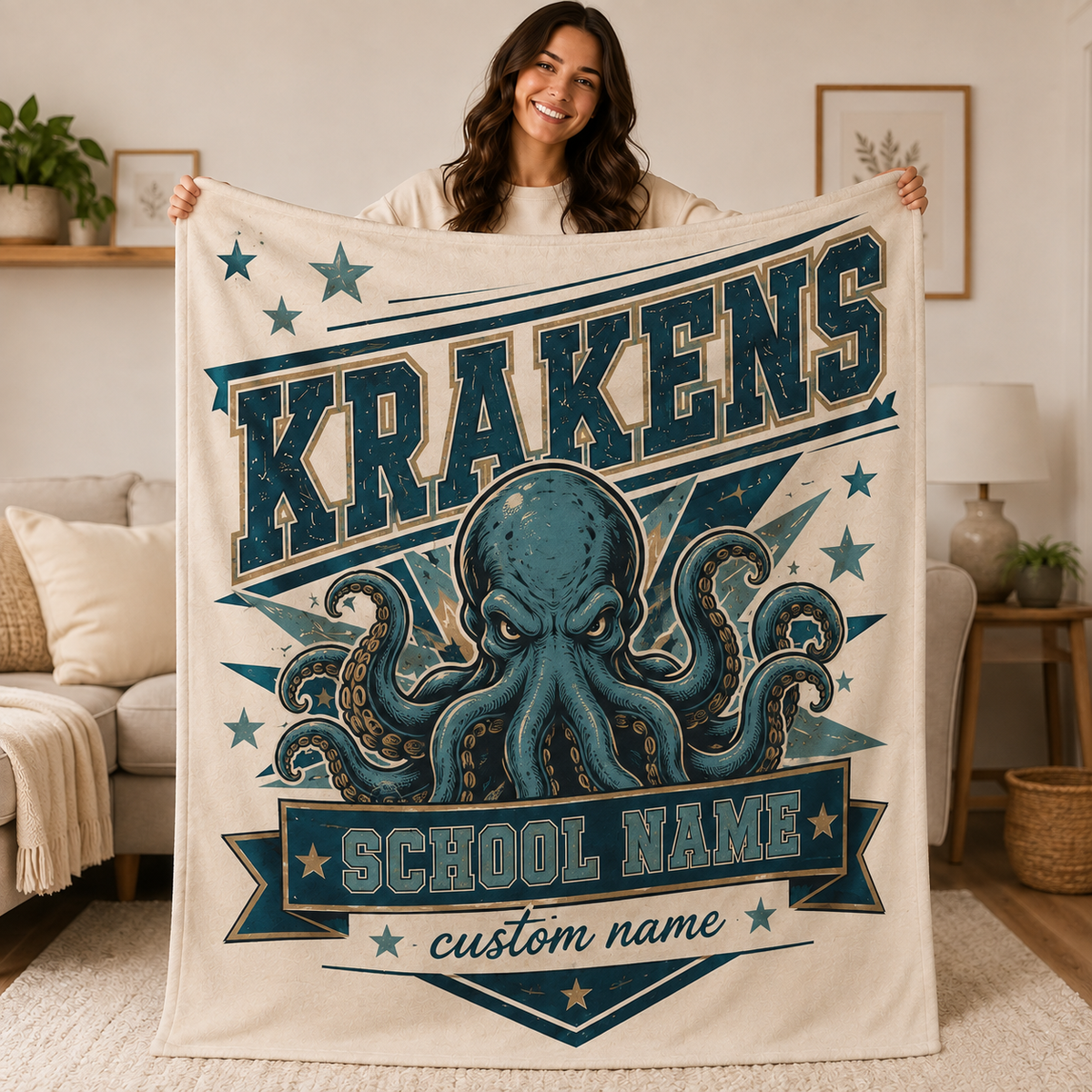 Personalized Varsity Banner Throw Blanket, Proud School Spirit Fan Gift