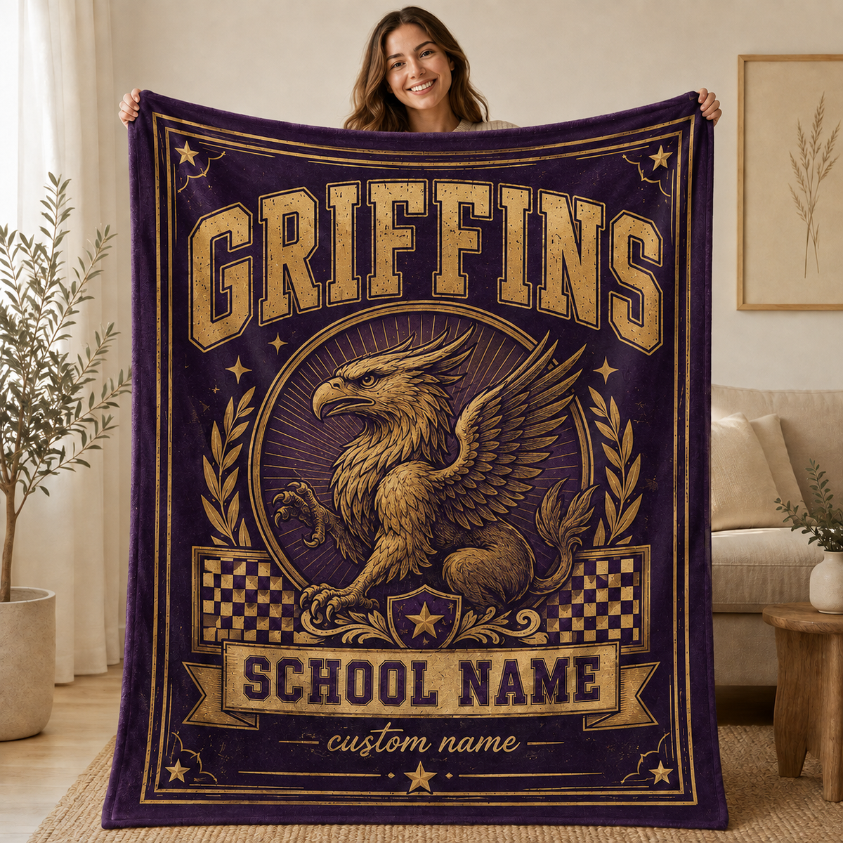 Personalized Mascot Medallion Blanket, Custom Campus Pride Fan Gift