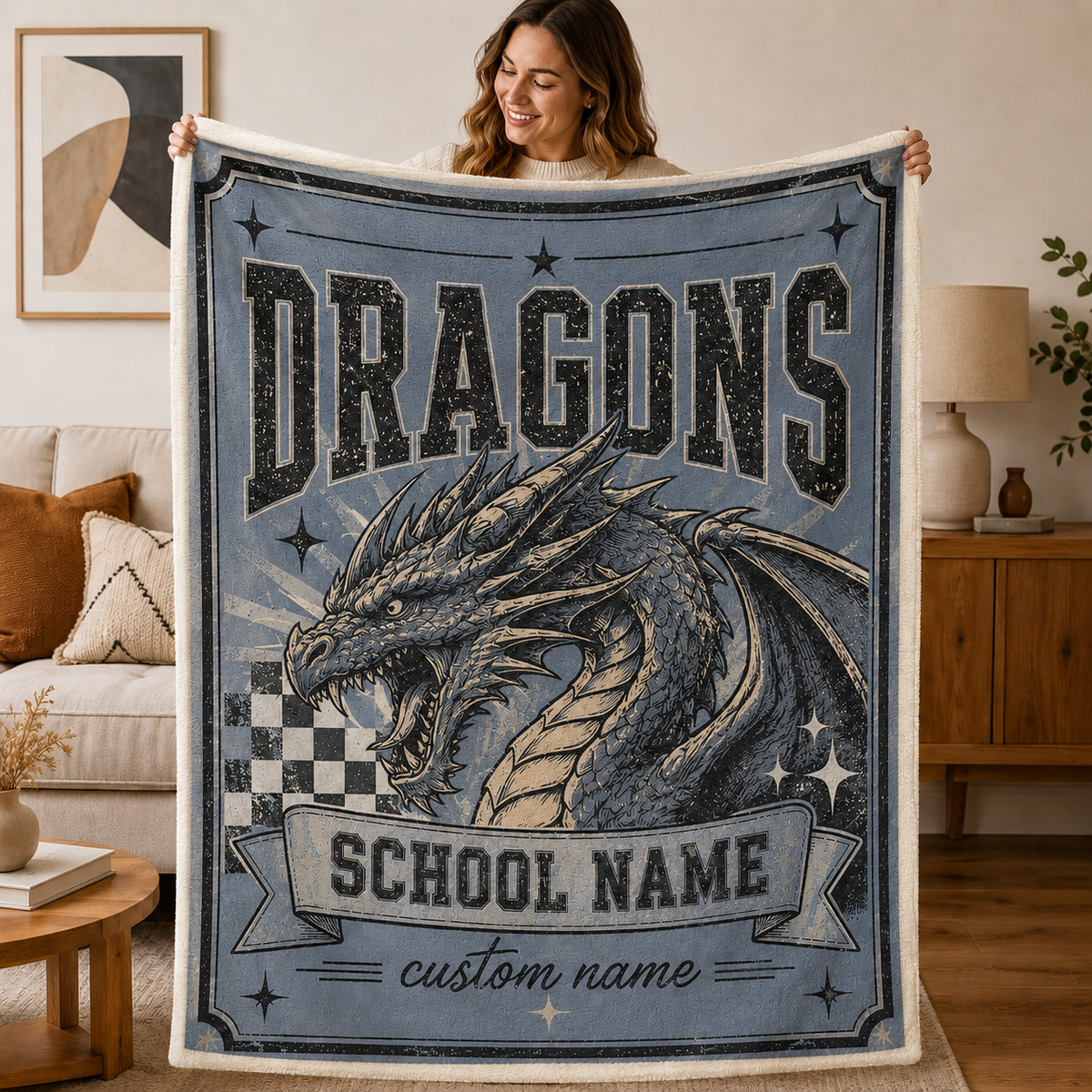 Personalized Retro Mascot Throw Blanket, Custom School Fan Gift
