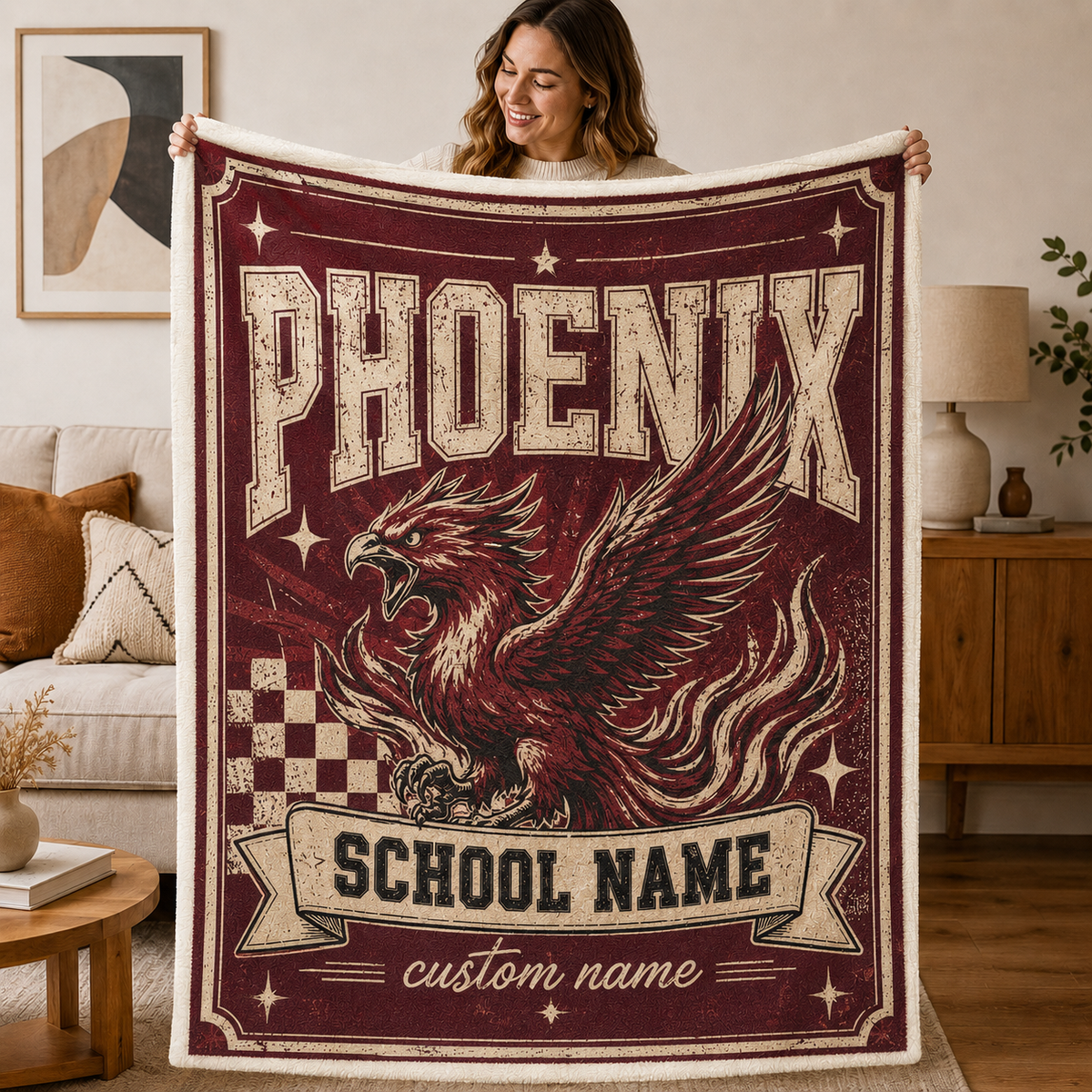 Personalized Retro Mascot Throw Blanket, Custom School Fan Gift