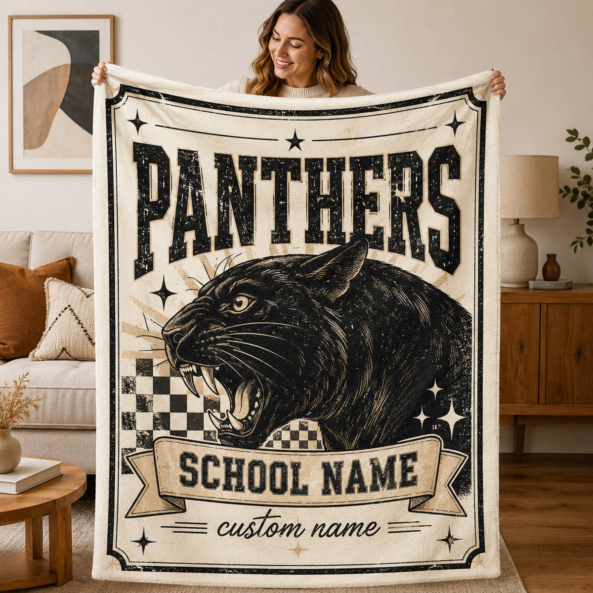 Personalized Retro Mascot Throw Blanket, Custom School Fan Gift