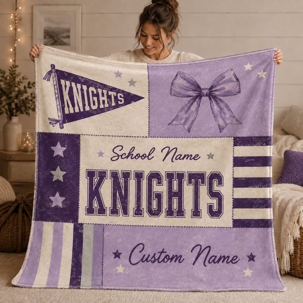Personalized Coquette Bow Fleece Blanket, Custom Campus Spirit Gift