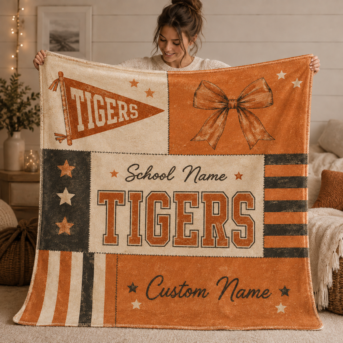 Personalized Coquette Bow Fleece Blanket, Custom Campus Spirit Gift