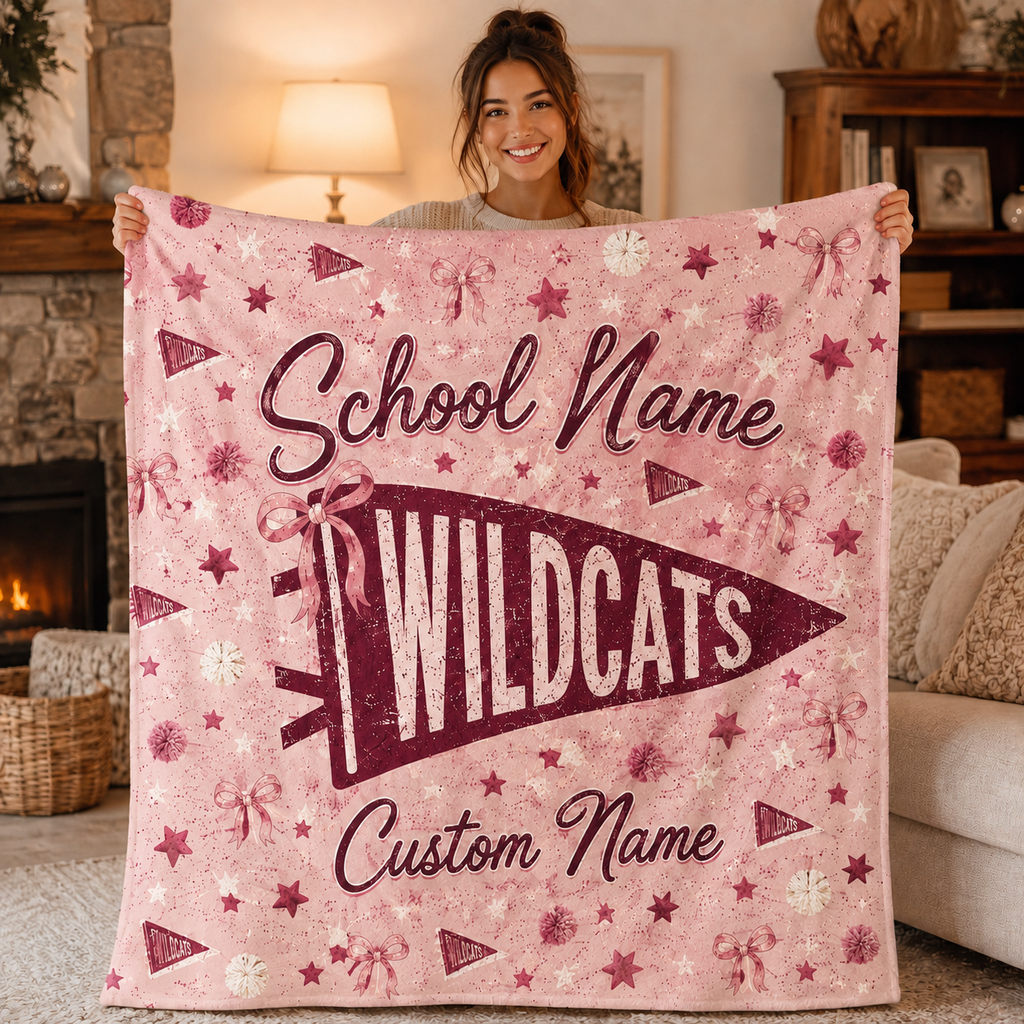 Personalized Coquette Bow Fleece Blanket, Cute School Spirit Gift