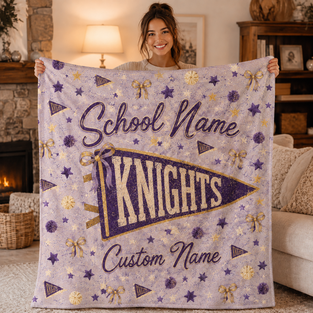 Personalized Coquette Bow Fleece Blanket, Cute School Spirit Gift
