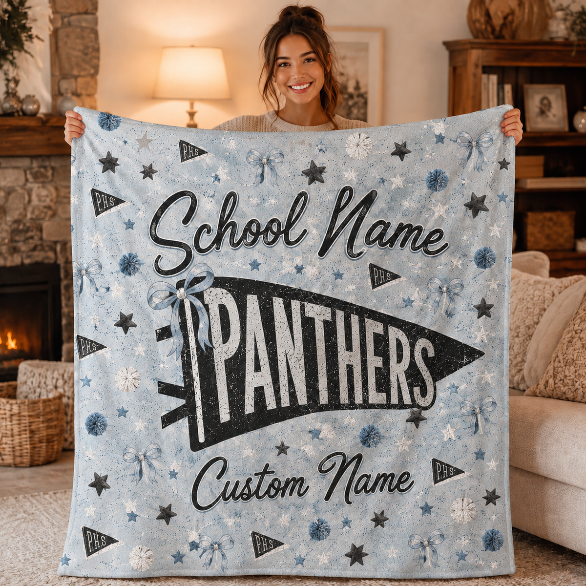 Personalized Coquette Bow Fleece Blanket, Cute School Spirit Gift