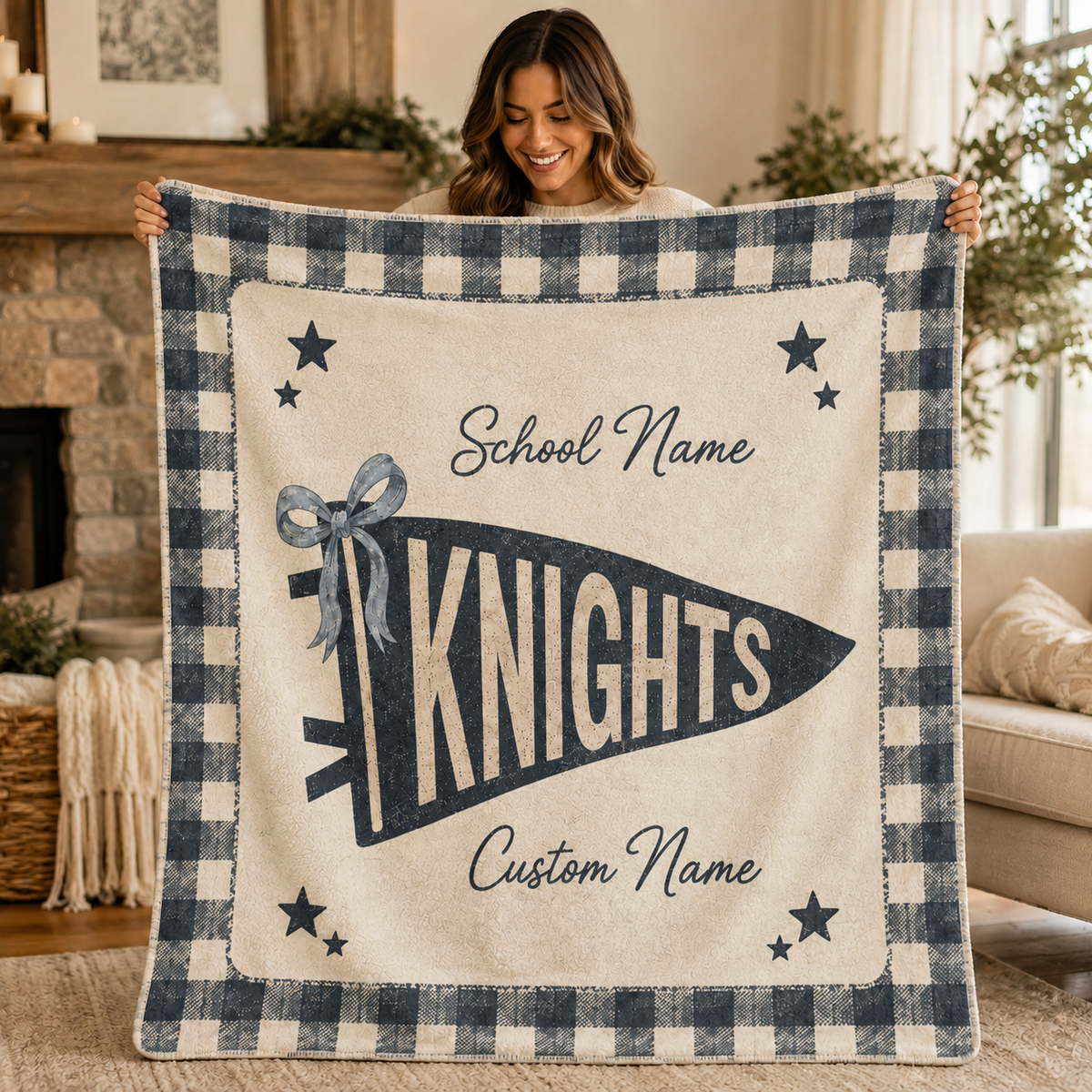 Custom Patchwork College Fleece Blanket, Cute Bow School Spirit Throw