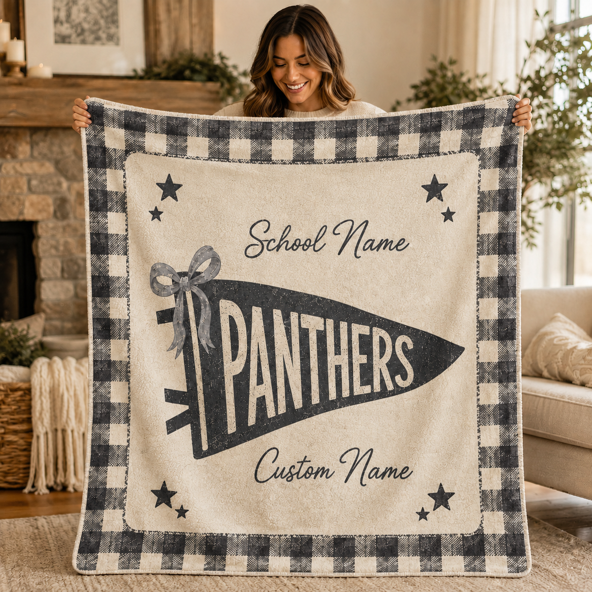 Custom Patchwork College Fleece Blanket, Cute Bow School Spirit Throw