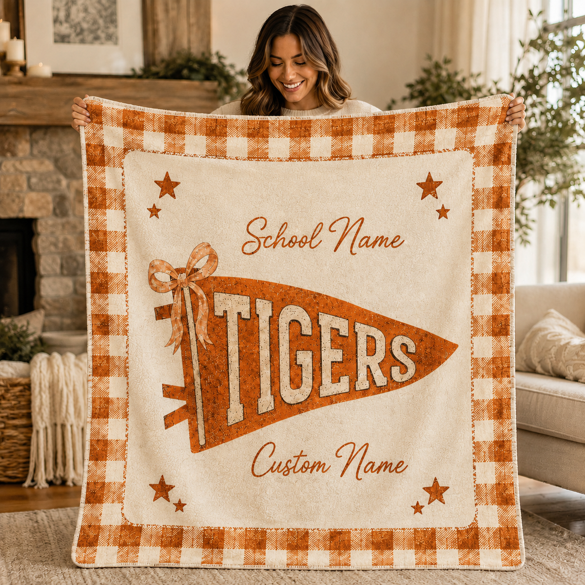 Custom Patchwork College Fleece Blanket, Cute Bow School Spirit Throw