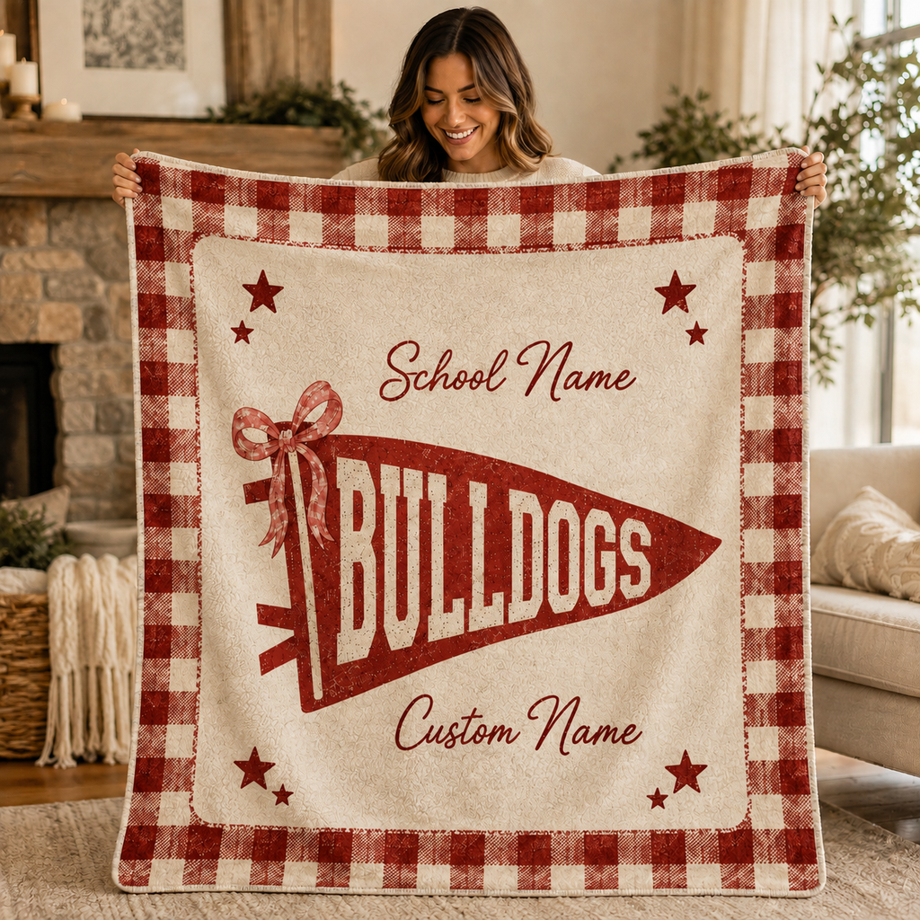 Custom Patchwork College Fleece Blanket, Cute Bow School Spirit Throw
