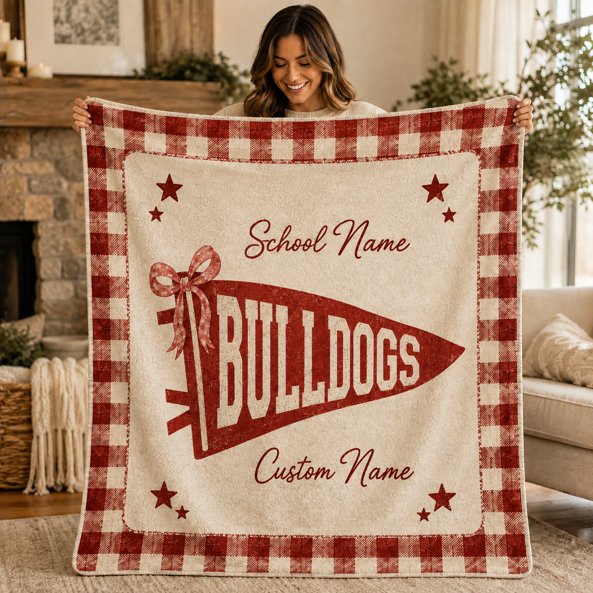Custom Patchwork College Fleece Blanket, Cute Bow School Spirit Throw
