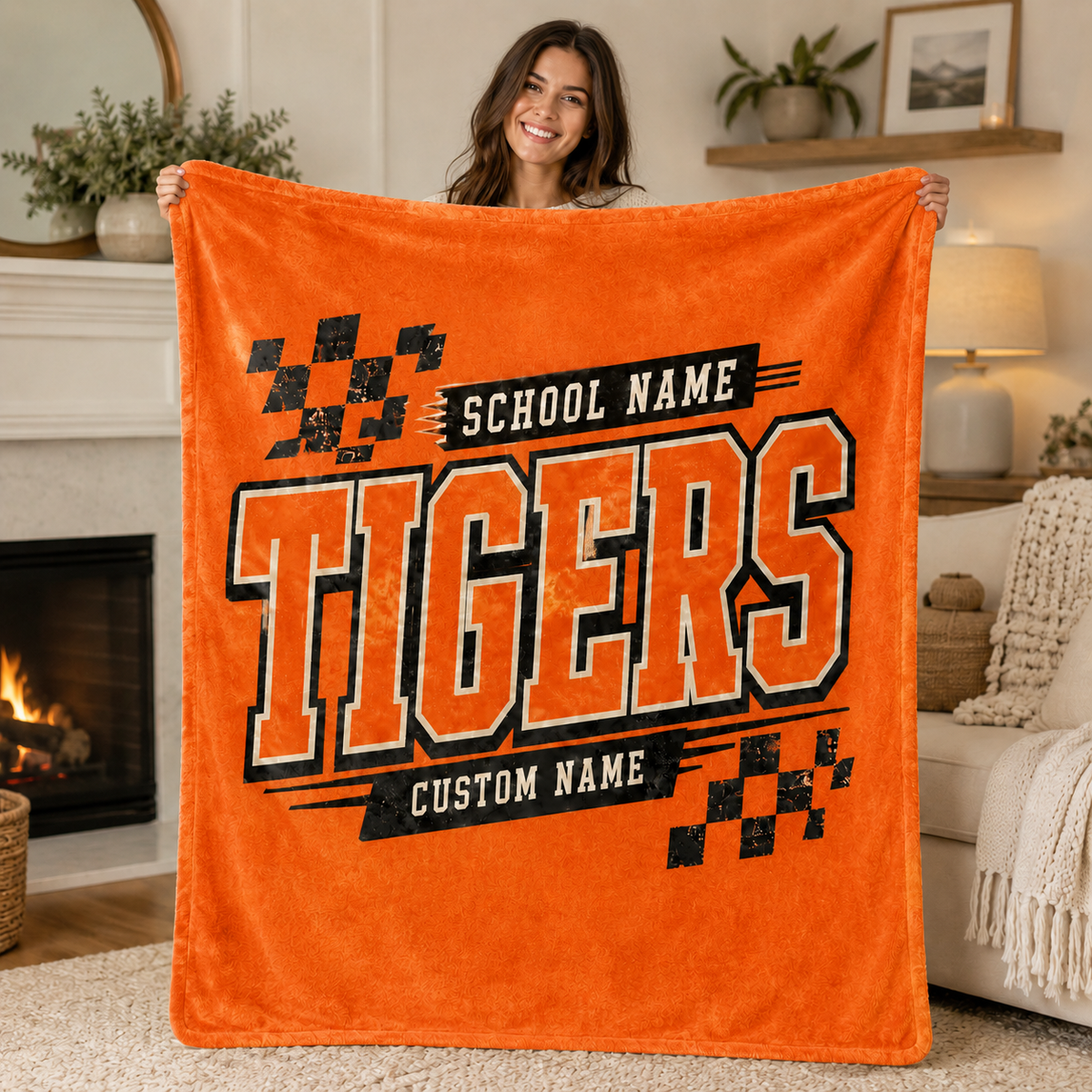 Personalized Checkered Mascot Fleece Blanket, Custom School Spirit Fan Gift