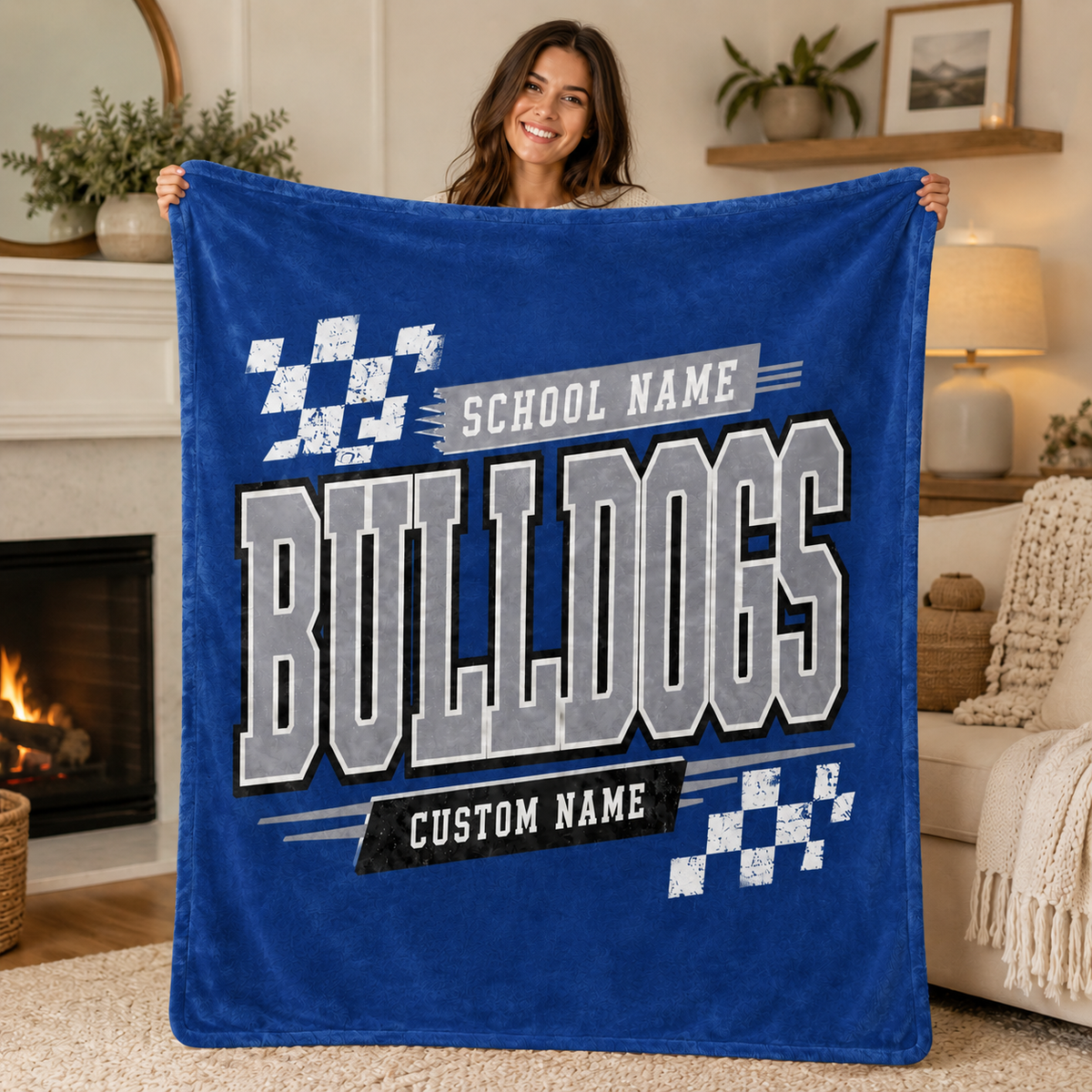 Personalized Checkered Mascot Fleece Blanket, Custom School Spirit Fan Gift