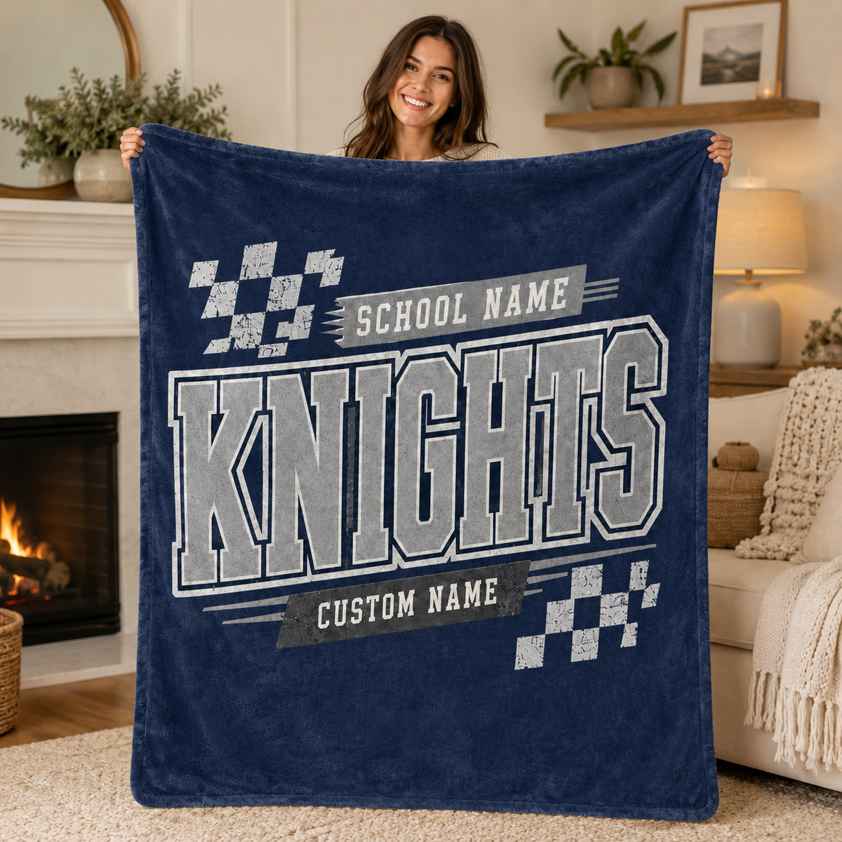 Personalized Checkered Mascot Fleece Blanket, Custom School Spirit Fan Gift