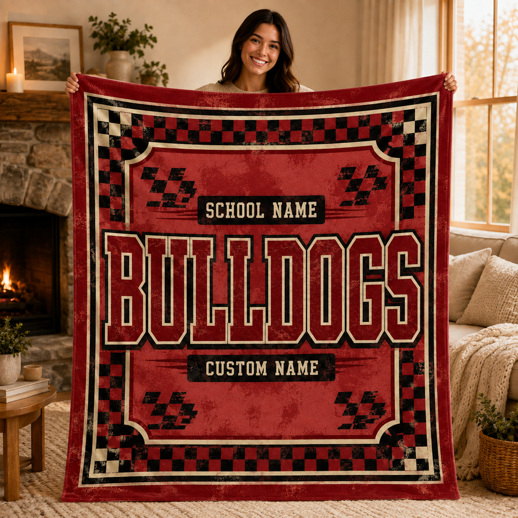 Personalized Checkered Mascot Fleece Blanket, Custom School Spirit Gift