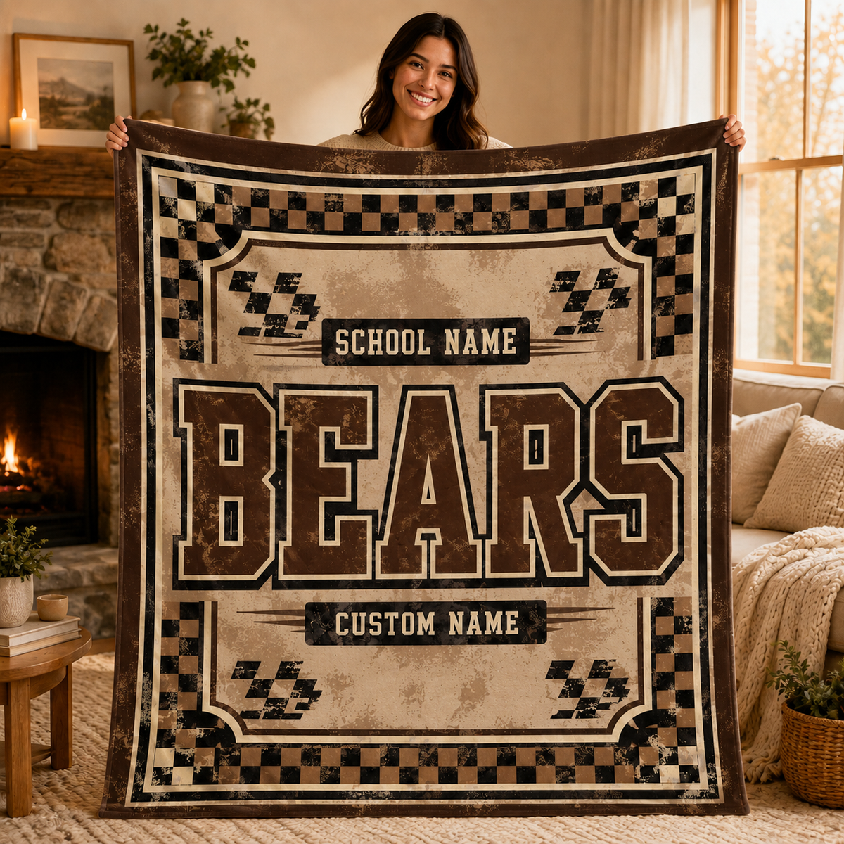 Personalized Checkered Mascot Fleece Blanket, Custom School Spirit Gift