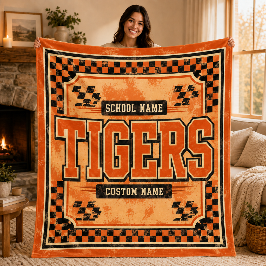 Personalized Checkered Mascot Fleece Blanket, Custom School Spirit Gift