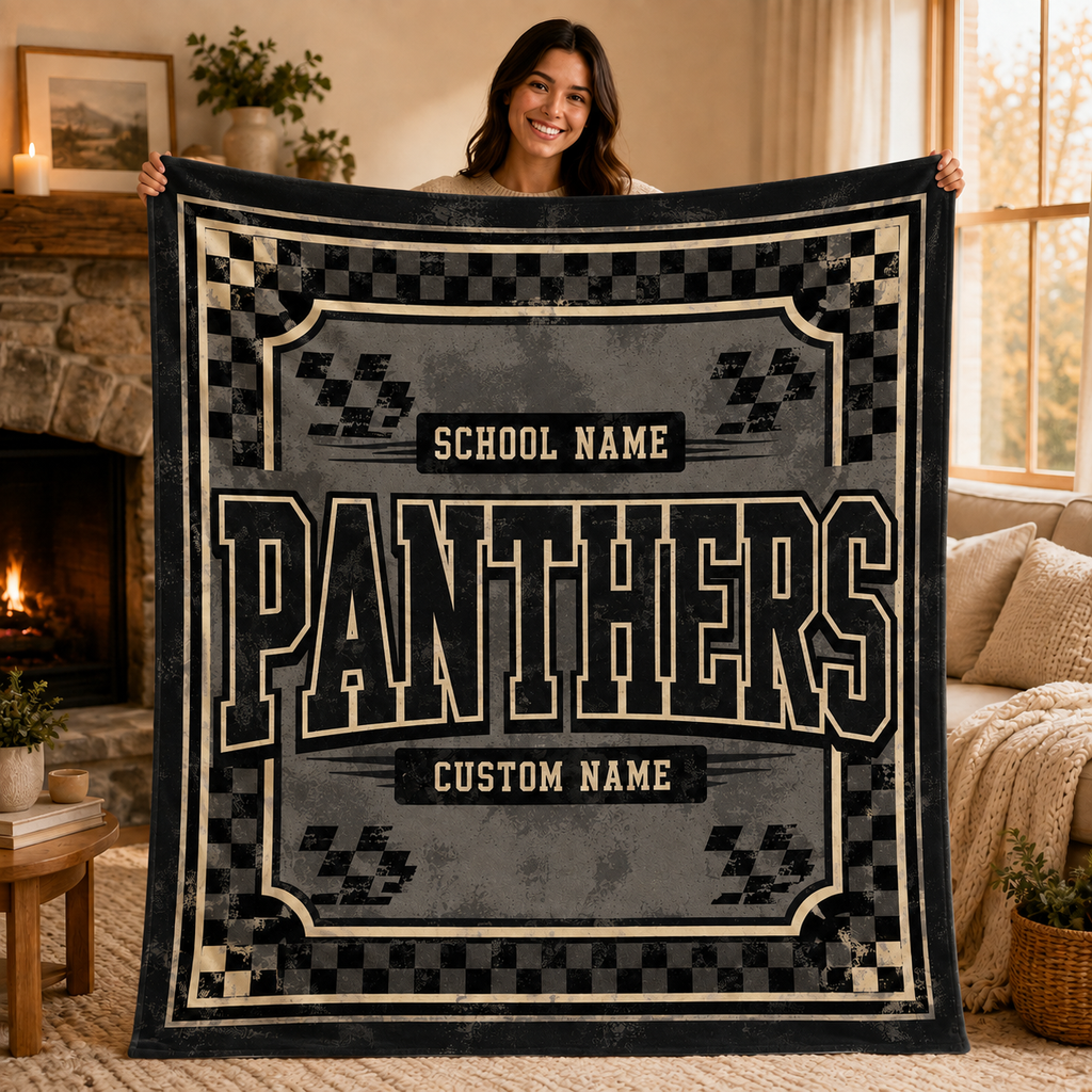 Personalized Checkered Mascot Fleece Blanket, Custom School Spirit Gift