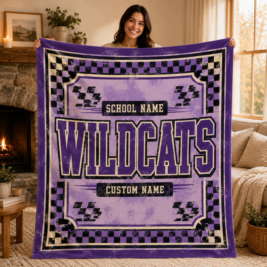 Personalized Checkered Mascot Fleece Blanket, Custom School Spirit Gift