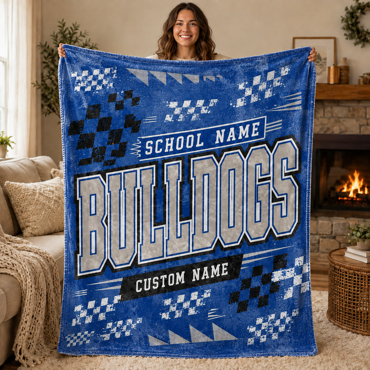 Personalized Checkered Stadium Fleece Throw, Custom Team Spirit Blanket