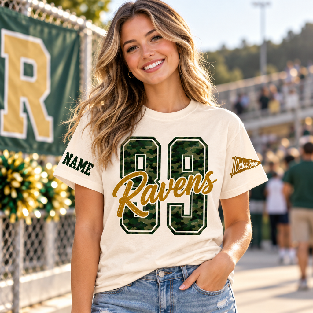 Custom School Mascot T-Shirt, Camo Varsity Game Day Spirit Apparel