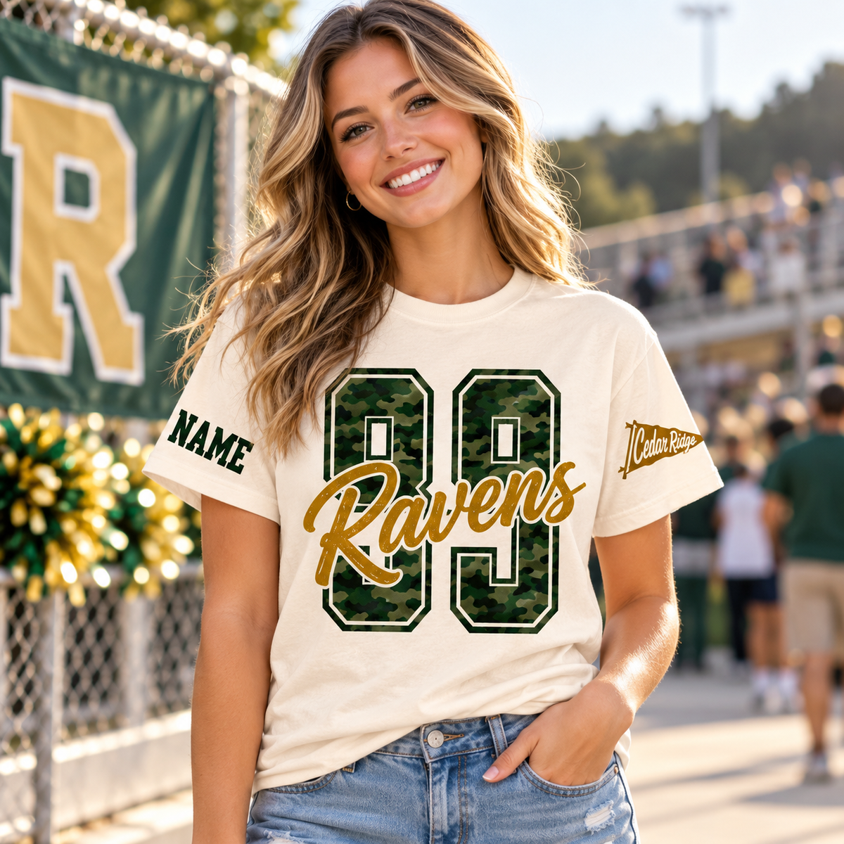 Custom School Mascot T-Shirt, Camo Varsity Game Day Spirit Apparel